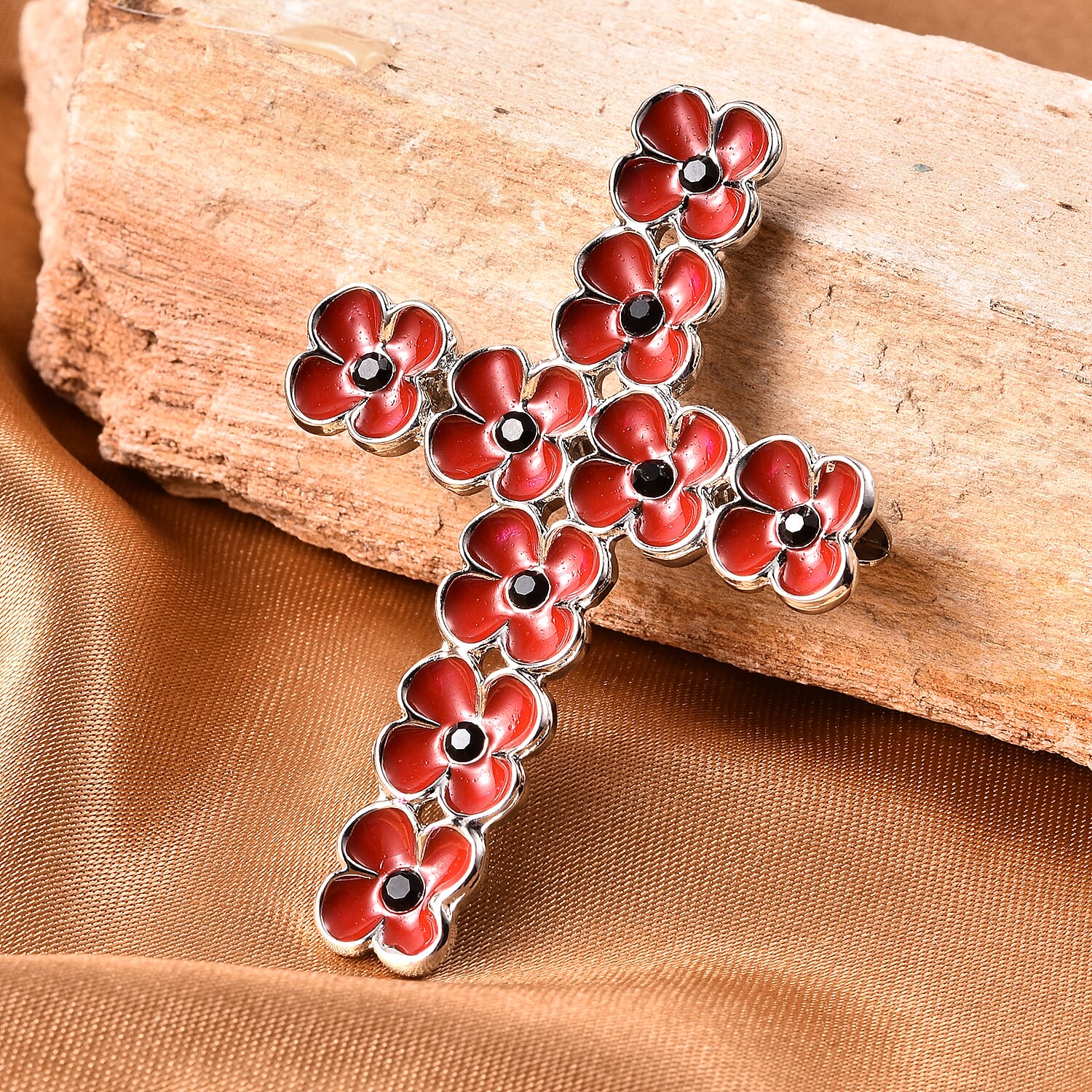 TJC  Design - Black Austrian Crystal Enamelled Flower Cross Brooch in Silver Tone