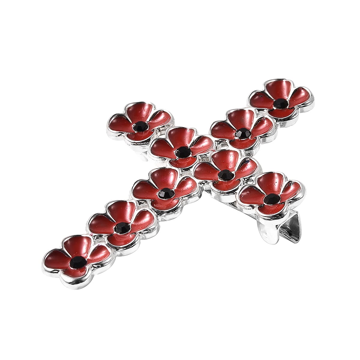 TJC  Design - Black Austrian Crystal Enamelled Flower Cross Brooch in Silver Tone