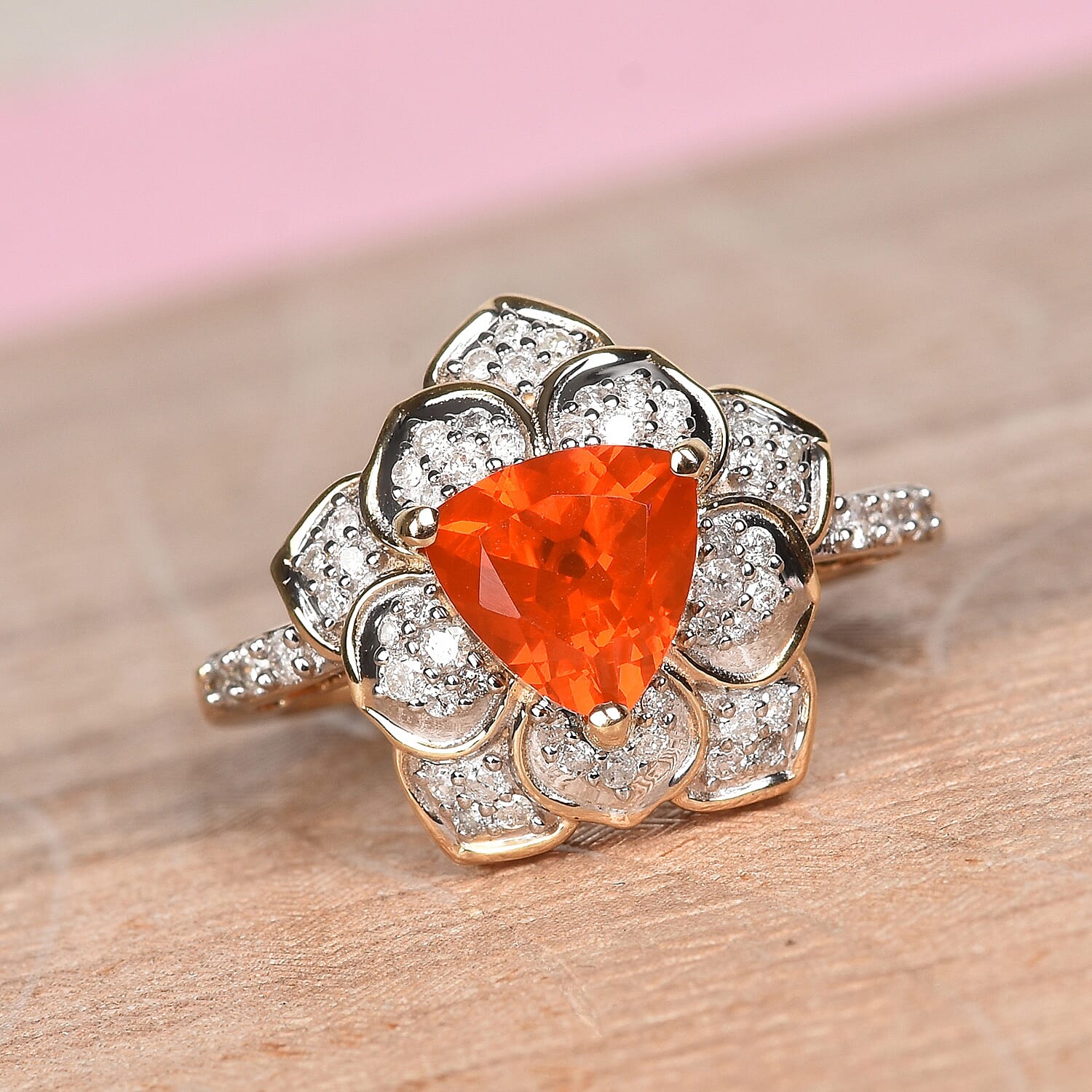 GP- 9K Yellow Gold AAA Jalisco Fire Opal, Blue Sapphire and Diamond Ring 1.15 Ct