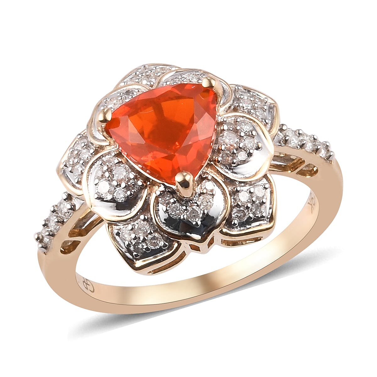 GP- 9K Yellow Gold AAA Jalisco Fire Opal, Blue Sapphire and Diamond Ring 1.15 Ct