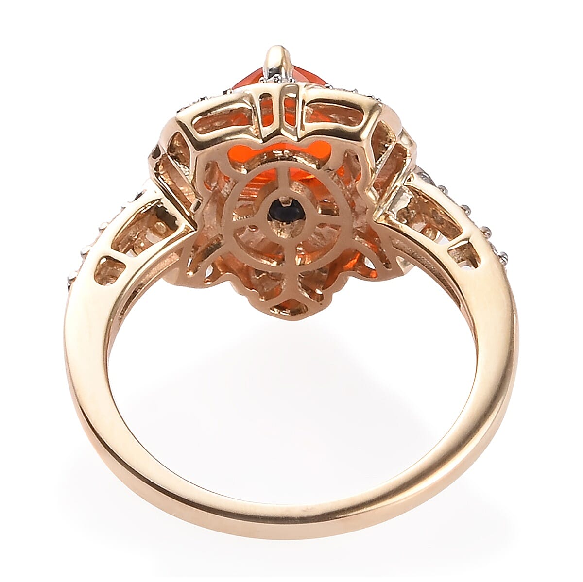 GP- 9K Yellow Gold AAA Jalisco Fire Opal, Blue Sapphire and Diamond Ring 1.15 Ct