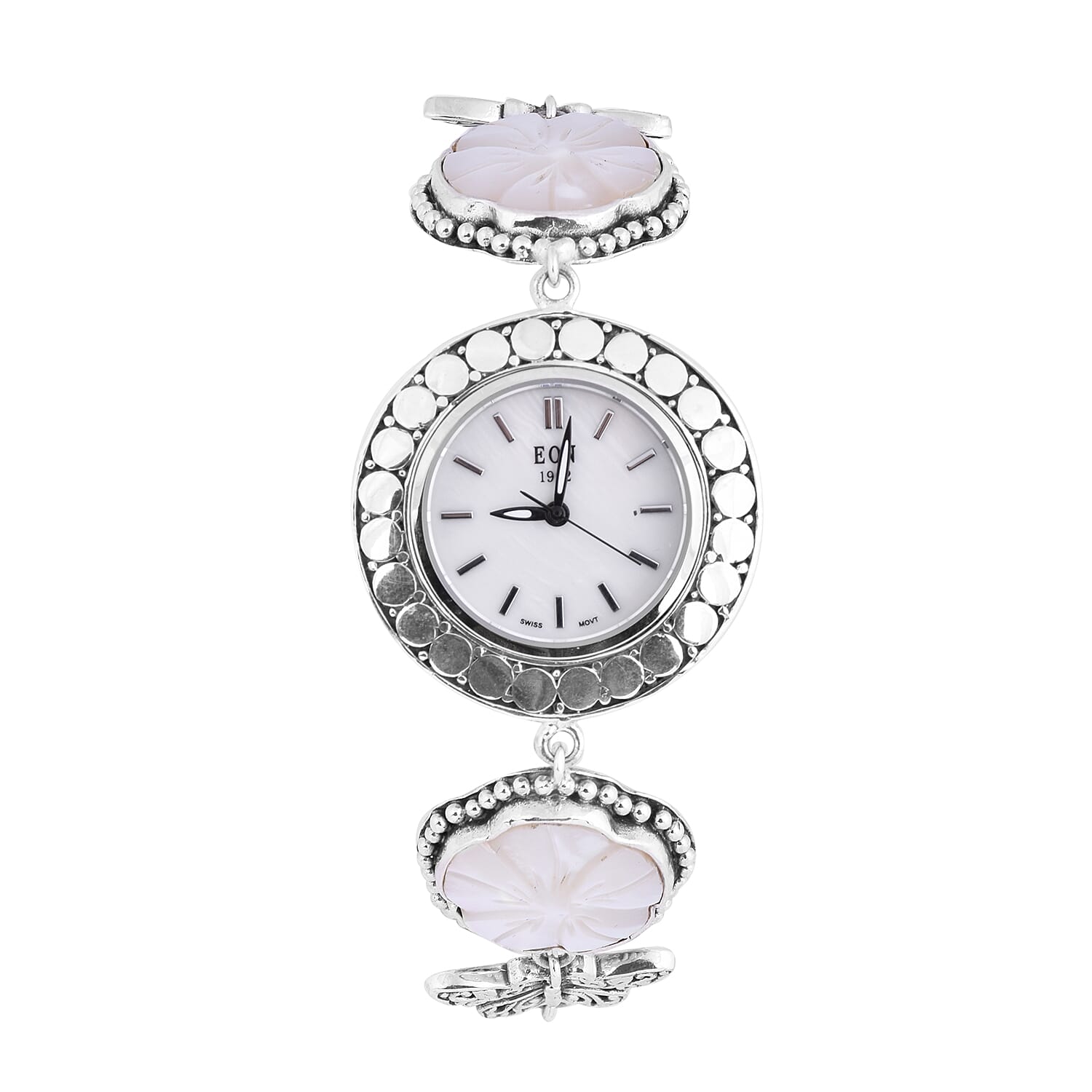 Royal Bali Collection - EON 1962 Swiss Movement Water Resistant Carved Mother of Pearl and Butterfly Bracelet Watch (Size 7.5) in Sterling Silver, Silver wt 32.52 Gms