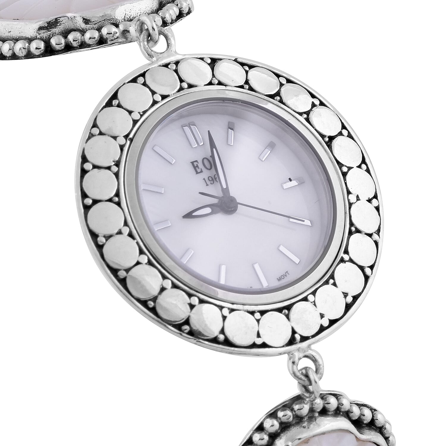 Royal Bali Collection - EON 1962 Swiss Movement Water Resistant Carved Mother of Pearl and Butterfly Bracelet Watch (Size 7.5) in Sterling Silver, Silver wt 32.52 Gms