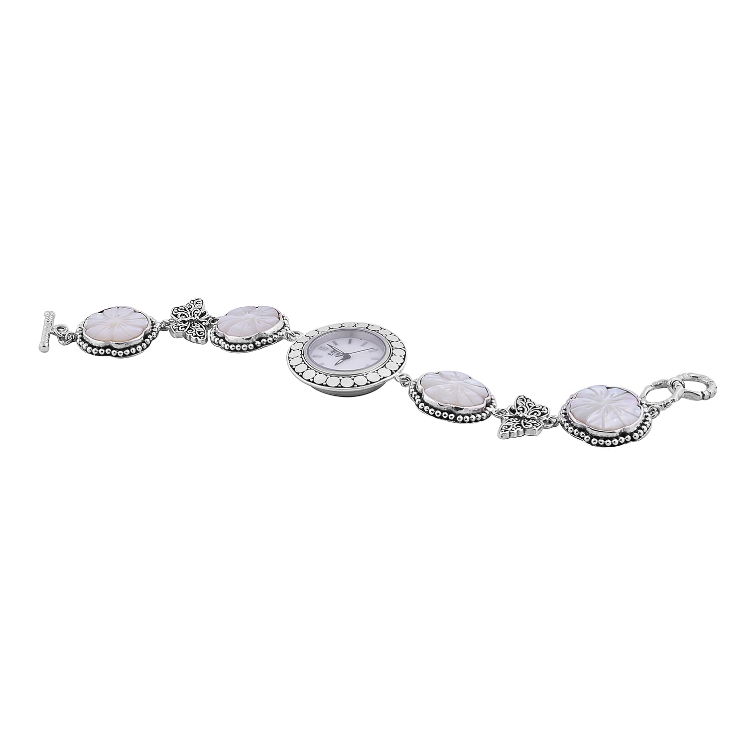 Royal Bali Collection - EON 1962 Swiss Movement Water Resistant Carved Mother of Pearl and Butterfly Bracelet Watch (Size 7.5) in Sterling Silver, Silver wt 32.52 Gms