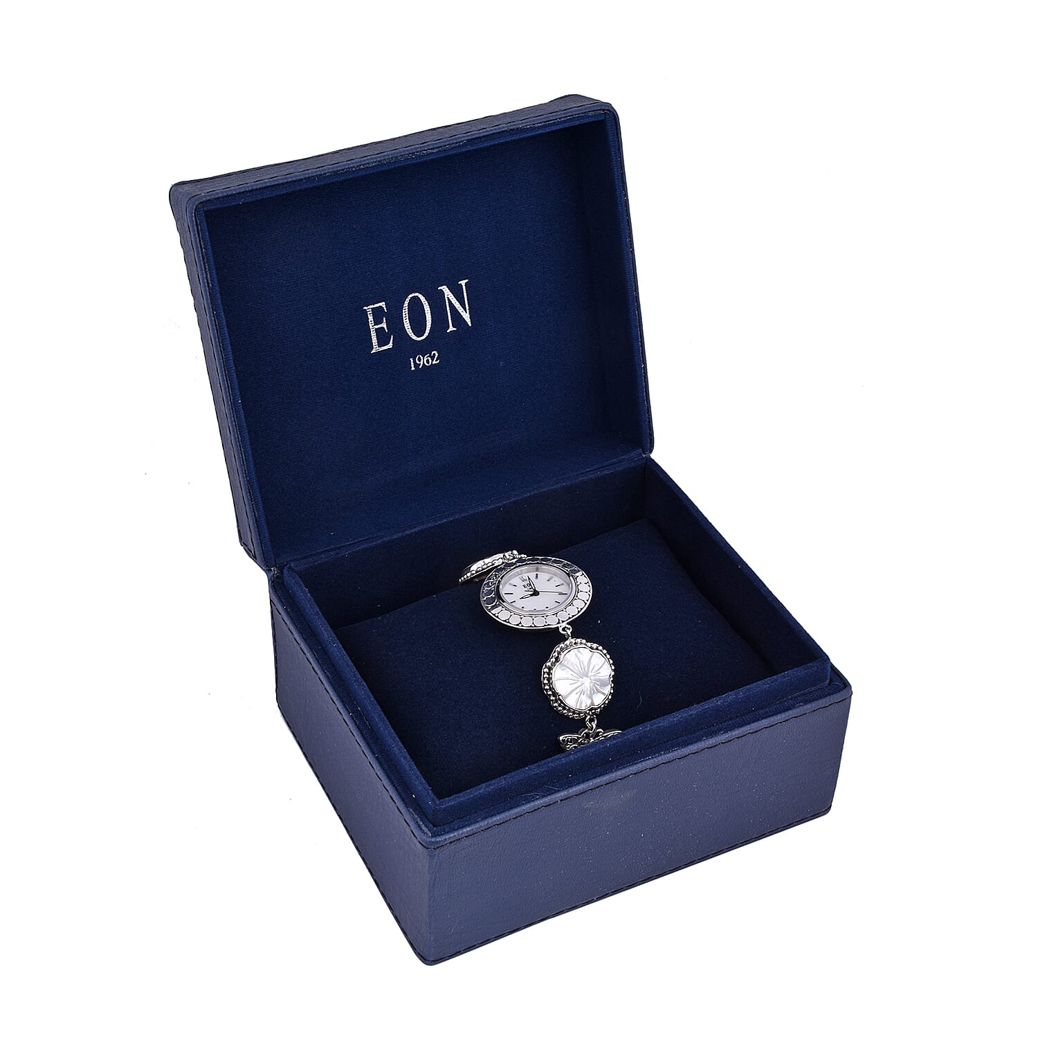 Royal Bali Collection - EON 1962 Swiss Movement Water Resistant Carved Mother of Pearl and Butterfly Bracelet Watch (Size 7.5) in Sterling Silver, Silver wt 32.52 Gms