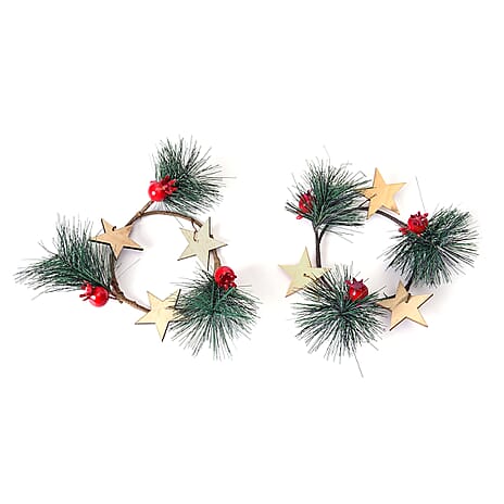 Set of 2 - Mini Candlestick wreath Embellished with Red Berry, Star and Leaf (Size 7 Cm)