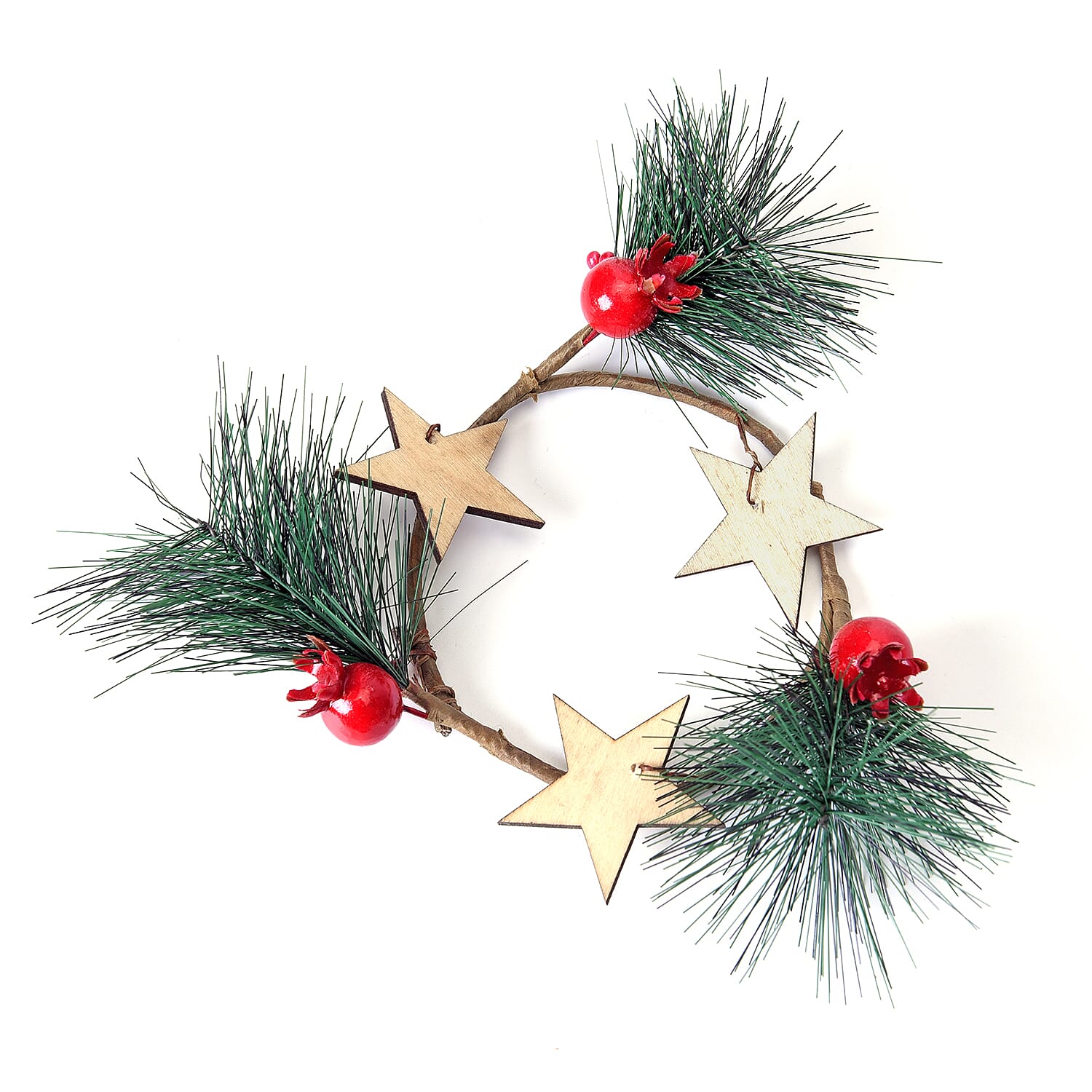 Set of 2 - Mini Candlestick wreath Embellished with Red Berry, Star and Leaf (Size 7 Cm)