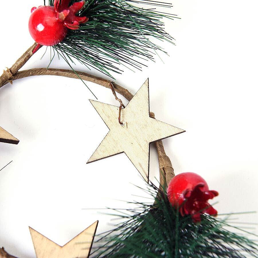 Set of 2 - Mini Candlestick wreath Embellished with Red Berry, Star and Leaf (Size 7 Cm)