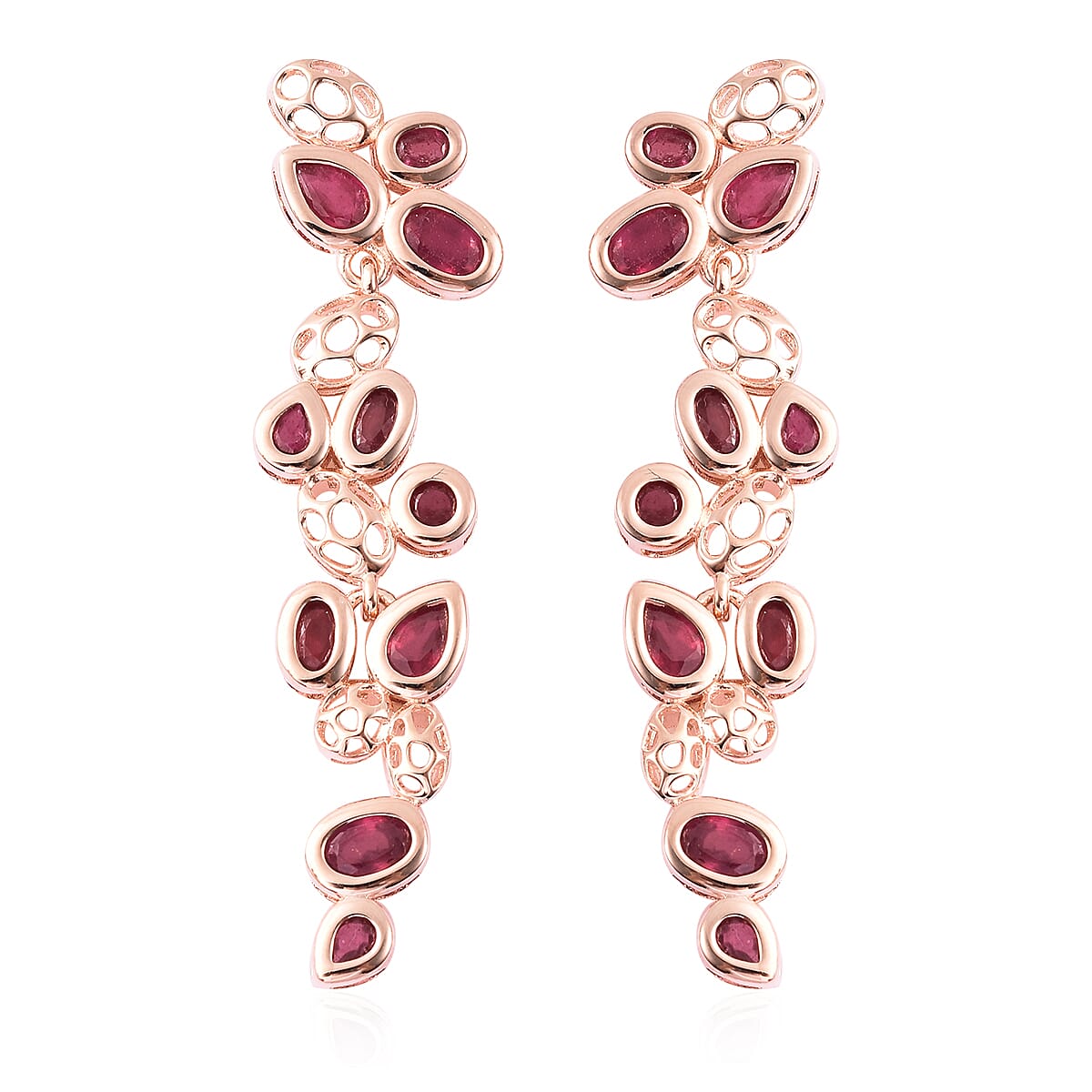 RACHEL GALLEY Misto Collection - AA African Ruby Dangle Earrings (with Push Back) in Rose Gold Overlay Sterling Silver 8.37 Ct, Silver wt. 10.47 Gms