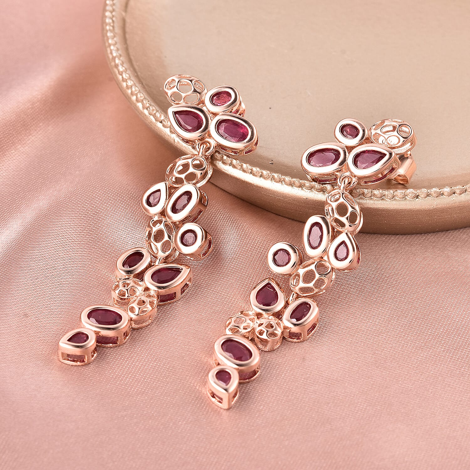 RACHEL GALLEY Misto Collection - AA African Ruby Dangle Earrings (with Push Back) in Rose Gold Overlay Sterling Silver 8.37 Ct, Silver wt. 10.47 Gms