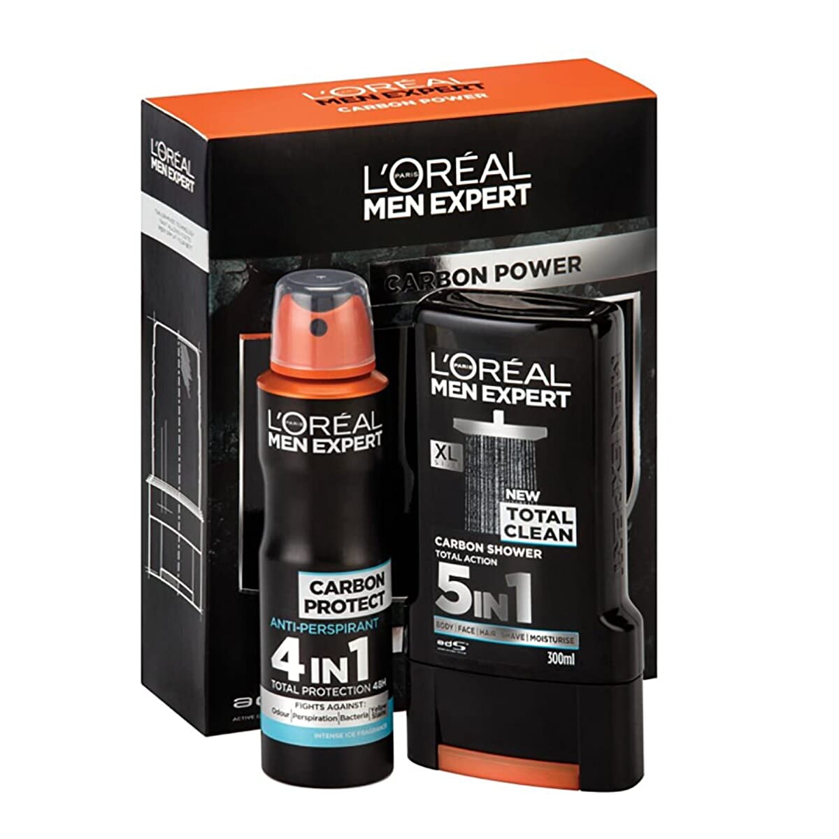 LOreal Carbon Power : Total Clean Shower Gel 300ml and Carbon Protect Anti-Perspirant 150ml