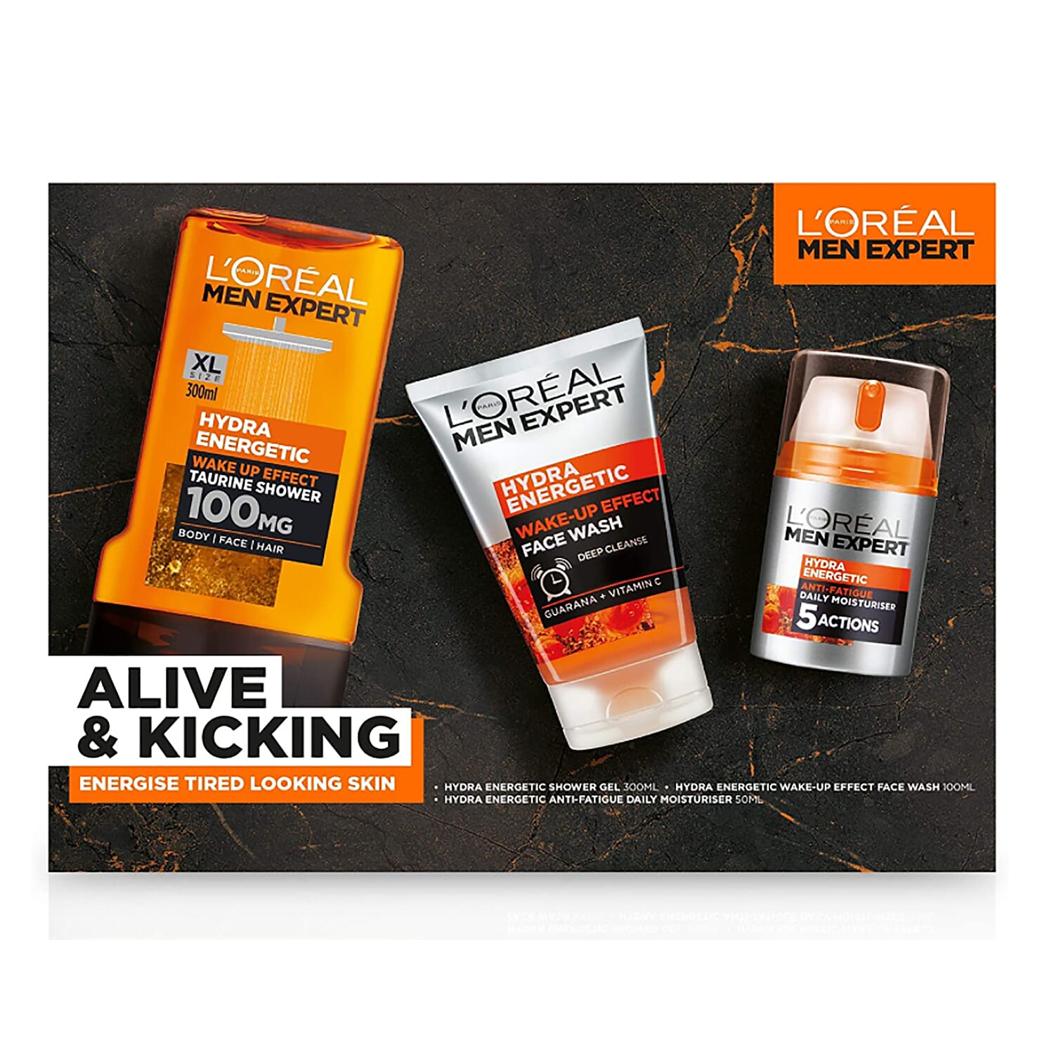 LOreal Men Expert Alive & Kicking Gift Set  (Incl.Hydra Energetic Shower Gel - 300ml, Hydra Energetic Wake-Up Effect Face Wash - 100ml & Hydra Energetic Anti-Fatigue Moisturiser - 50ml)