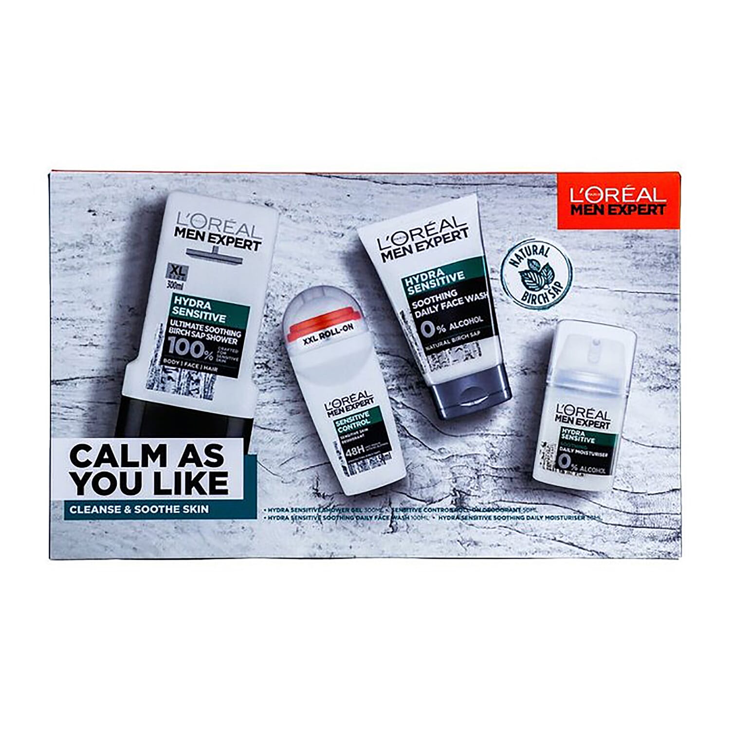 LOreal Men Expert: Calm As You Like (Incl. Natural Birch Sap HYDRA SENSITIVE - Shower Gel 300ml, Soothing Daily Face Wash 100ml, Soothing Daily Moisturiser 50ml & Roll-on Deodorant 50 ml)
