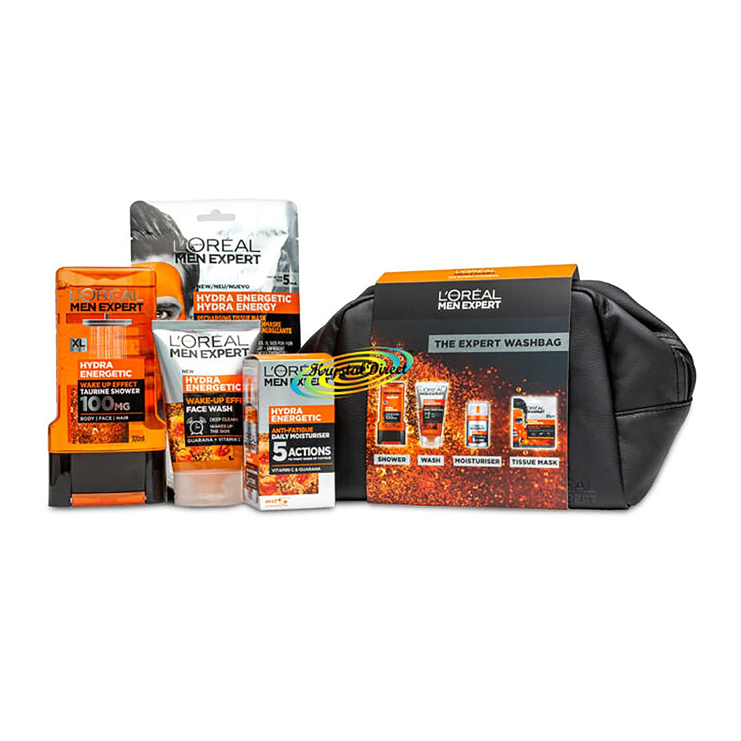 LOreal Men Expect: Fully Charged (Incl. Hydra Energetic - Shower Gel 300ml, Wake-Up Effect Face Wash 100ml, Anti-Fatigue Daily Moisturiser 50ml & Recharging Tissue Mask 30gm) with Cosmetic Bag