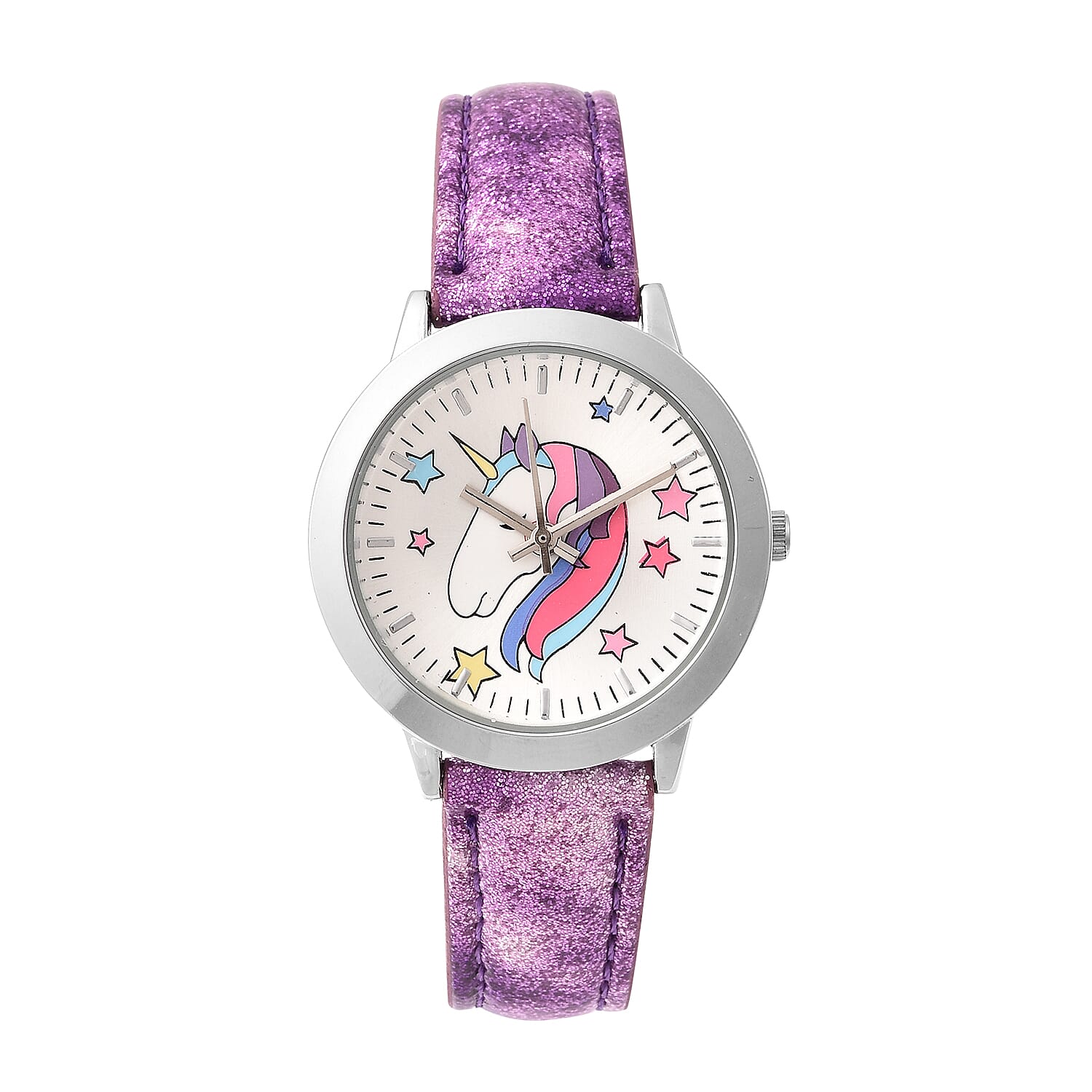 2 Piece Set - STRADA Japanese Movement Unicorn Pattern Water Resistant Watch with Purple Strap and Unicorn Key Chain in Silver Tone