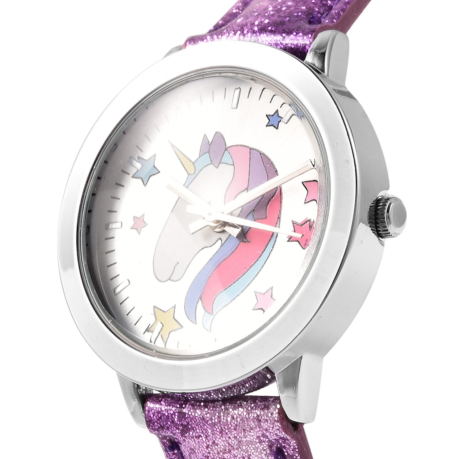2 Piece Set - STRADA Japanese Movement Unicorn Pattern Water Resistant Watch with Purple Strap and Unicorn Key Chain in Silver Tone