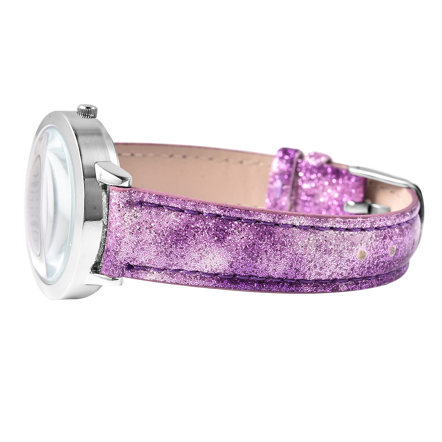 2 Piece Set - STRADA Japanese Movement Unicorn Pattern Water Resistant Watch with Purple Strap and Unicorn Key Chain in Silver Tone