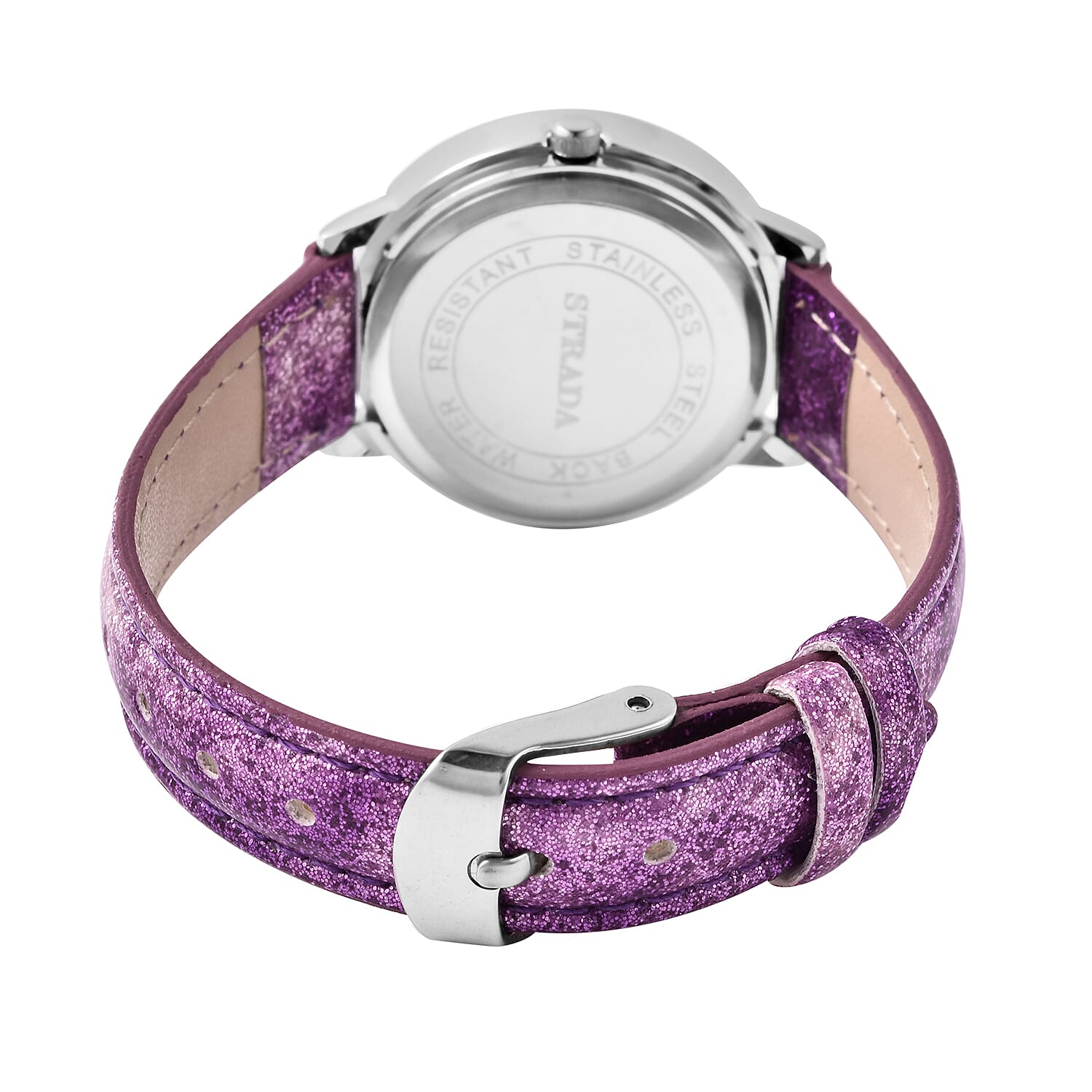 2 Piece Set - STRADA Japanese Movement Unicorn Pattern Water Resistant Watch with Purple Strap and Unicorn Key Chain in Silver Tone