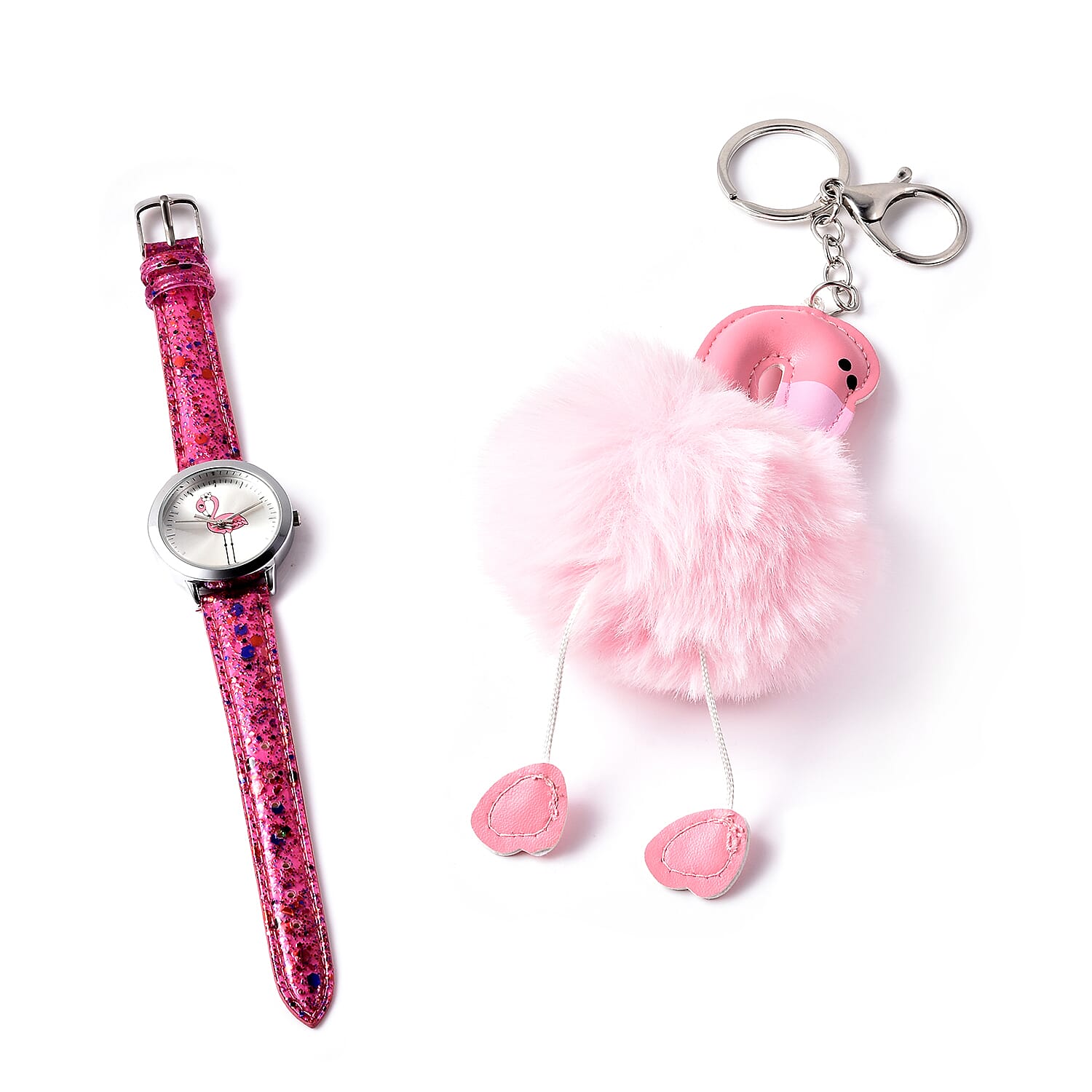 2 Piece Set - STRADA Japanese Movement Flamingo Pattern Water Resistant Watch with Pink Strap and Flamingo Key Chain in Silver Tone