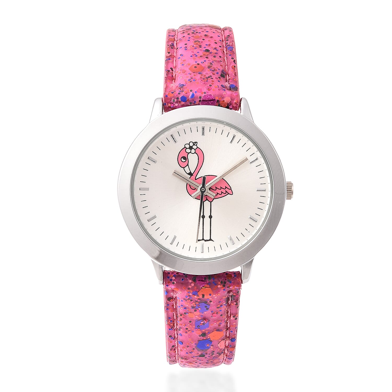 2 Piece Set - STRADA Japanese Movement Flamingo Pattern Water Resistant Watch with Pink Strap and Flamingo Key Chain in Silver Tone