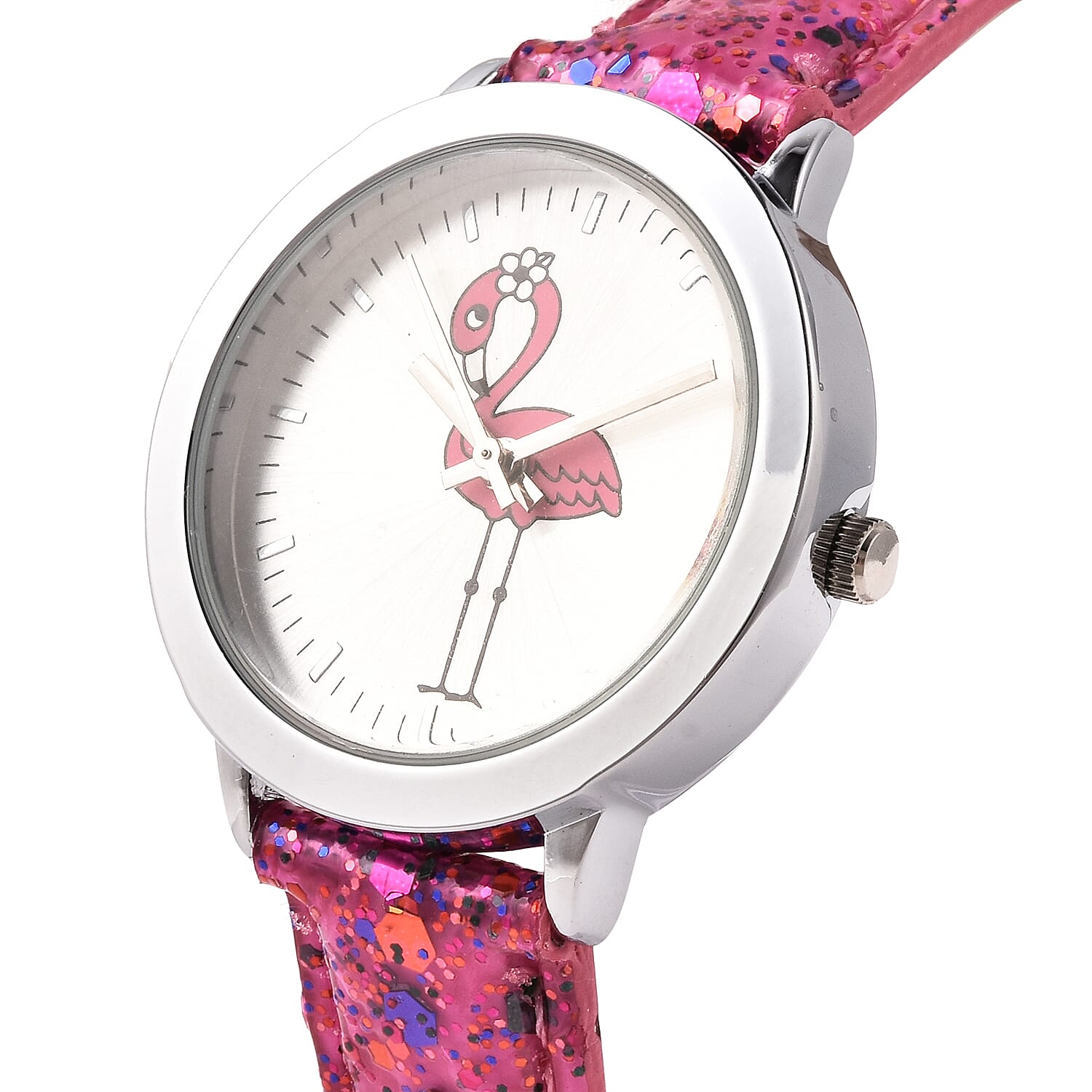 2 Piece Set - STRADA Japanese Movement Flamingo Pattern Water Resistant Watch with Pink Strap and Flamingo Key Chain in Silver Tone