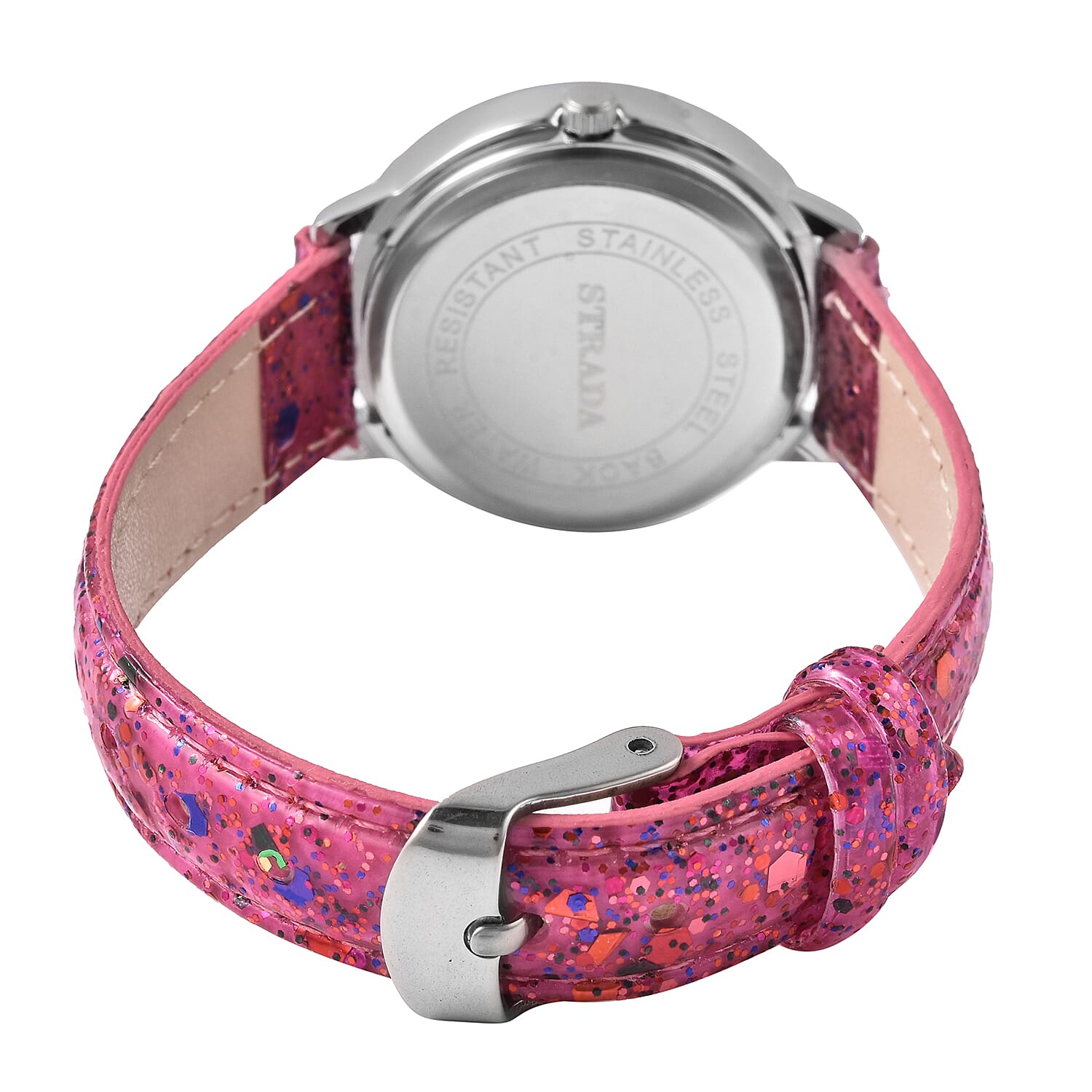 2 Piece Set - STRADA Japanese Movement Flamingo Pattern Water Resistant Watch with Pink Strap and Flamingo Key Chain in Silver Tone
