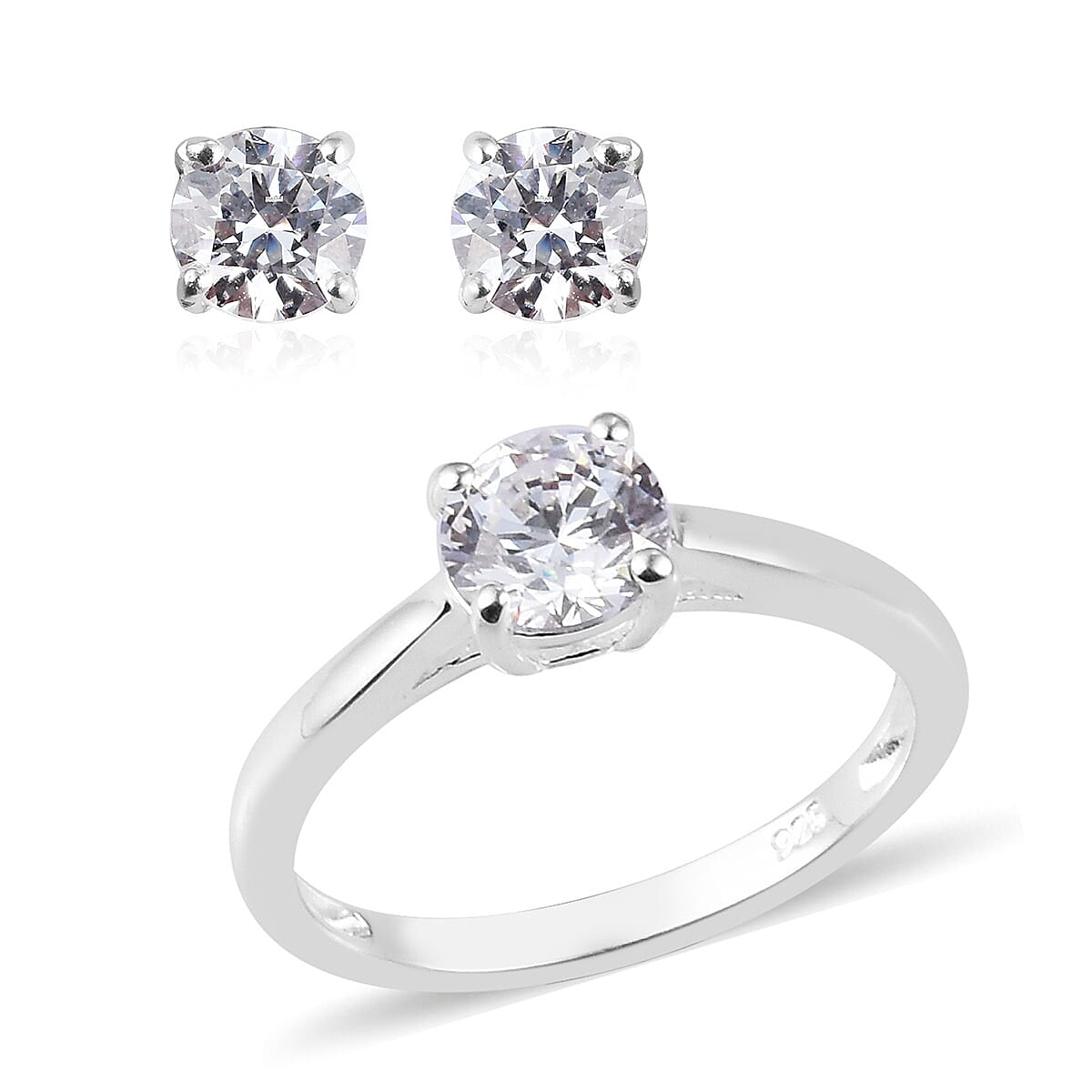 2 Piece Set - Lustro Stella Sterling Silver Solitaire Ring and Stud Earrings (with Push Back) Made with Finest CZ 3.00 Ct.