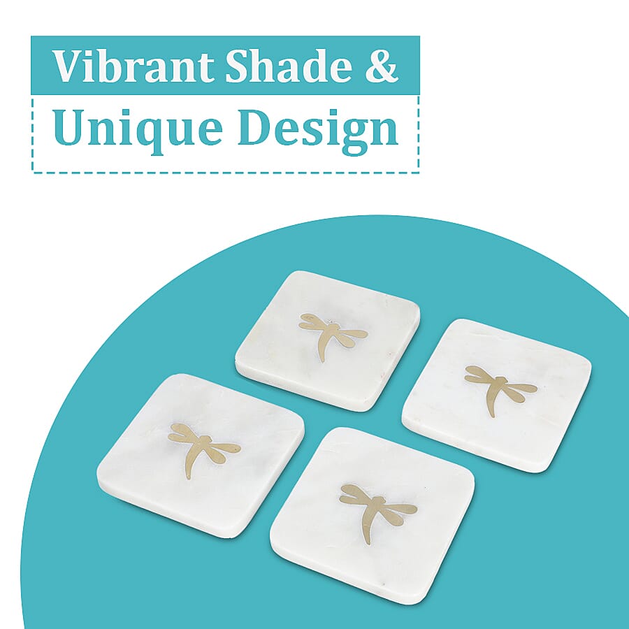 NAKKASHI - Set of 4 - Square Marble Coasters with Brass Inlay (Size 10 cm)