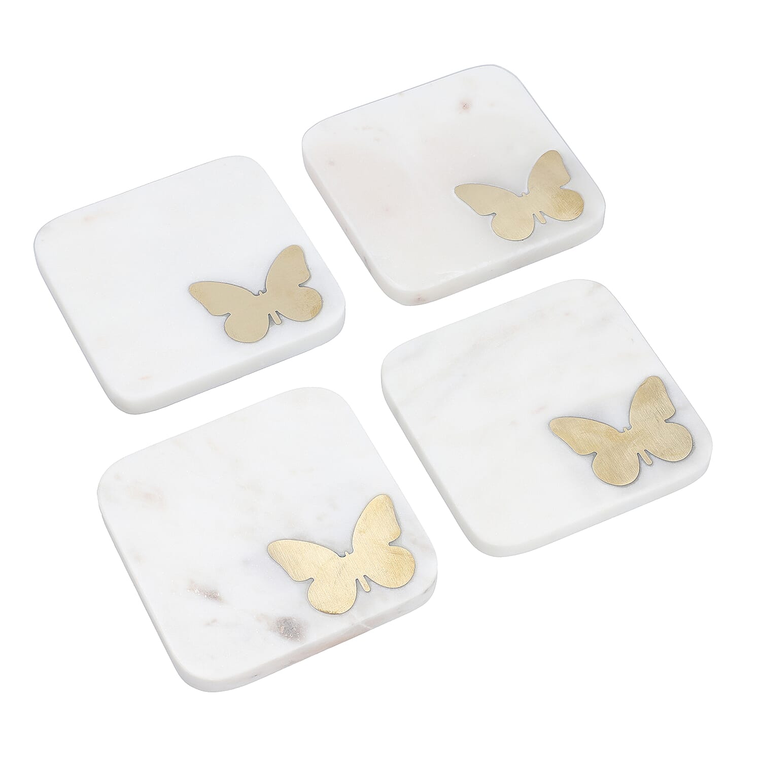 NAKKASHI - Set of 4 - Square Marble Coasters with Butterfly Brass Inlay (Size 10 cm)