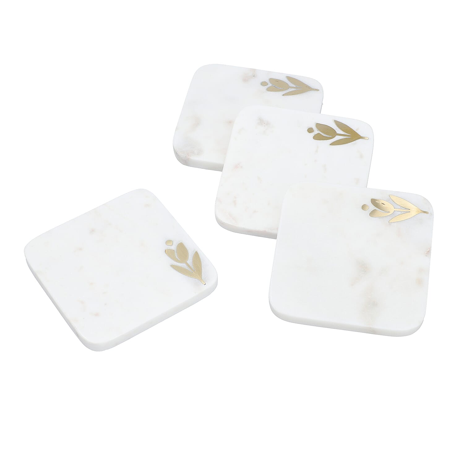 NAKKASHI - Set of 4 - Square Marble Coasters with Flower Brass Inlay (Size 10 cm)