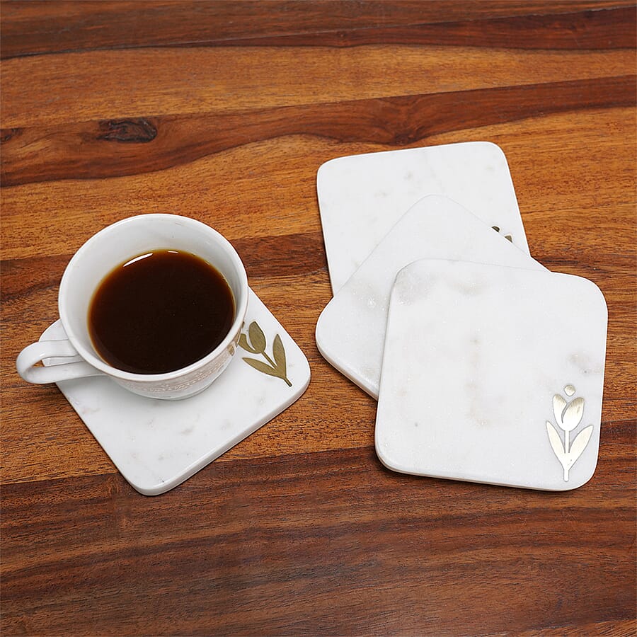 NAKKASHI - Set of 4 - Square Marble Coasters with Flower Brass Inlay (Size 10 cm)