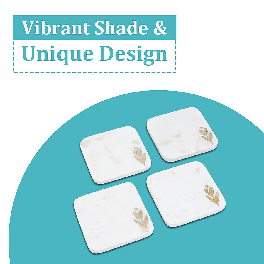 NAKKASHI - Set of 4 - Square Marble Coasters with Flower Brass Inlay (Size 10 cm)