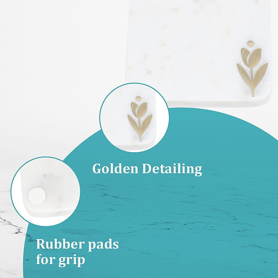 NAKKASHI - Set of 4 - Square Marble Coasters with Flower Brass Inlay (Size 10 cm)