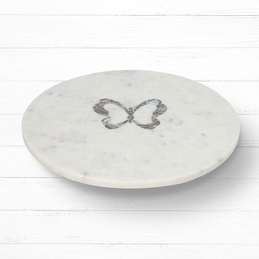 NAKKASHI - Round Marble Lazy Susan Tray with Abalone Inlay Butterfly Motif