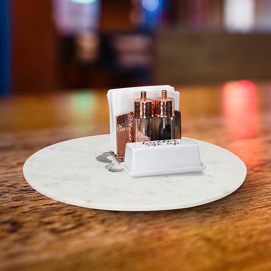 NAKKASHI - Round Marble Lazy Susan Tray with Abalone Inlay Butterfly Motif