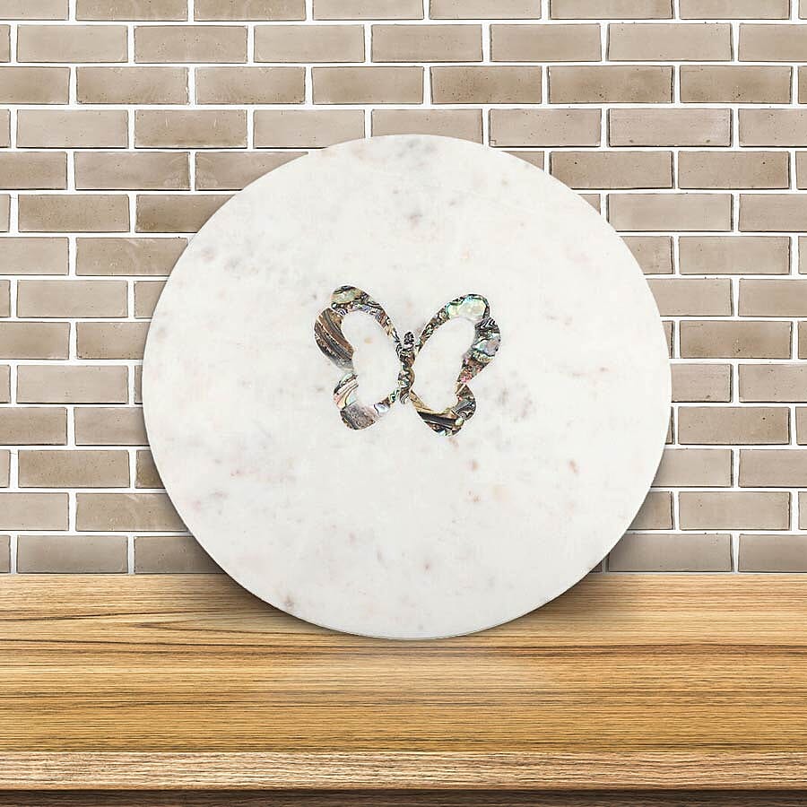 NAKKASHI - Round Marble Lazy Susan Tray with Abalone Inlay Butterfly Motif