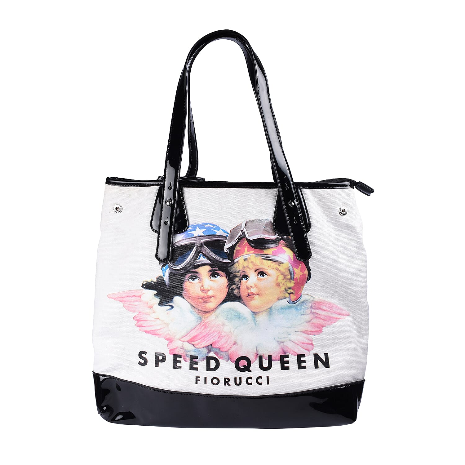 FIORUCCI Eco-Friendly Angle Printed Canvas Tote Bag with Zipper Closure (Size 33x14x27 Cm) - White and Black