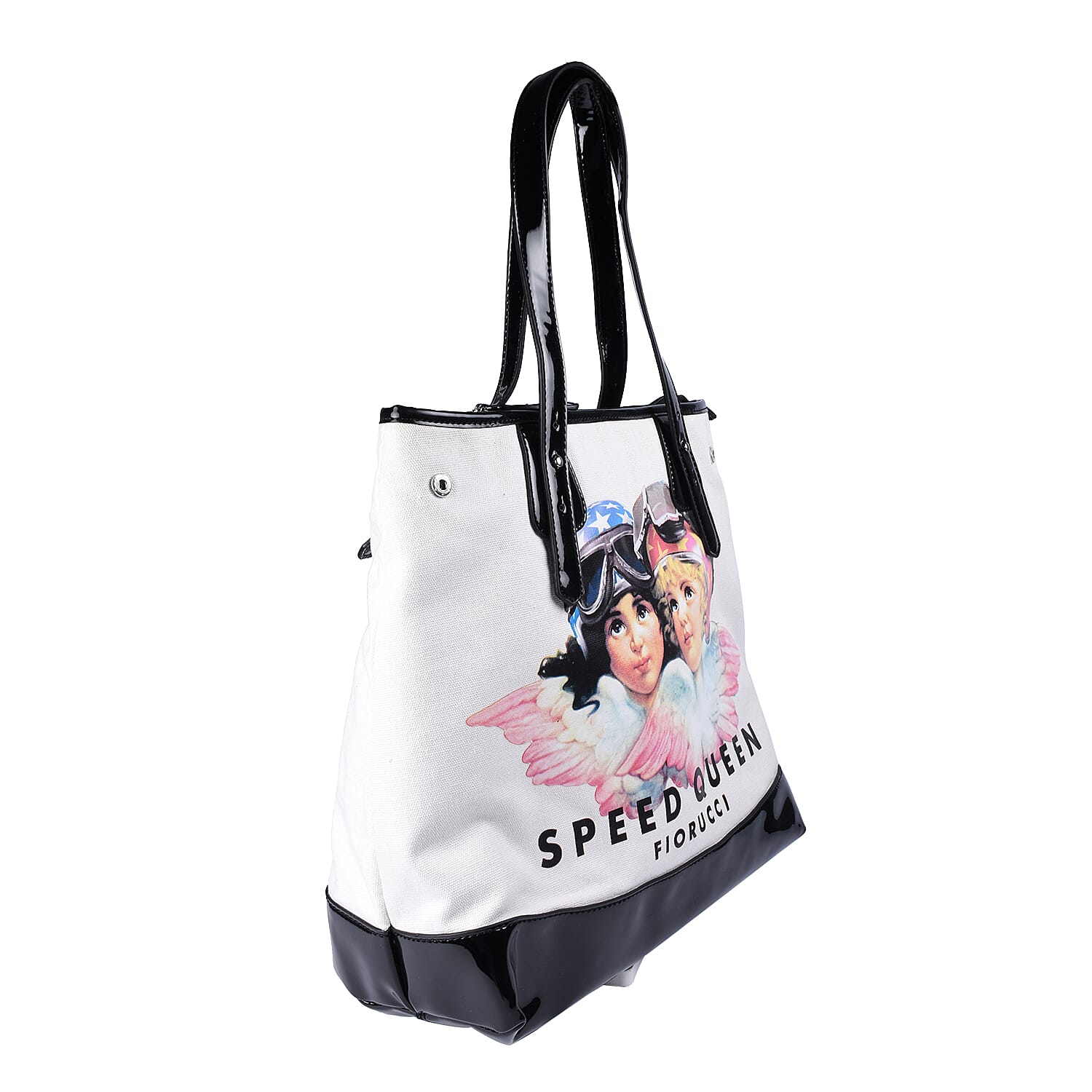 FIORUCCI Eco-Friendly Angle Printed Canvas Tote Bag with Zipper Closure (Size 33x14x27 Cm) - White and Black