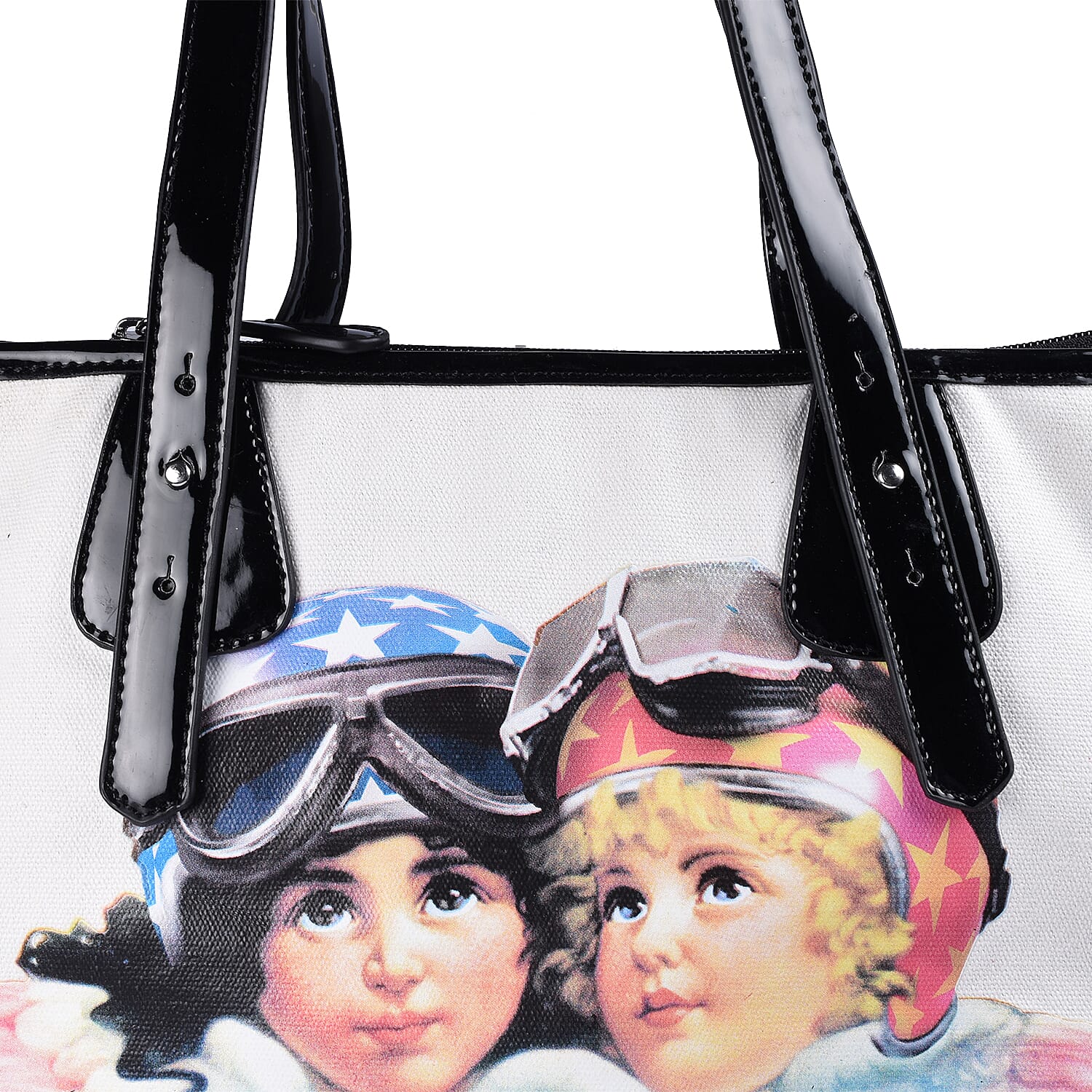 FIORUCCI Eco-Friendly Angle Printed Canvas Tote Bag with Zipper Closure (Size 33x14x27 Cm) - White and Black