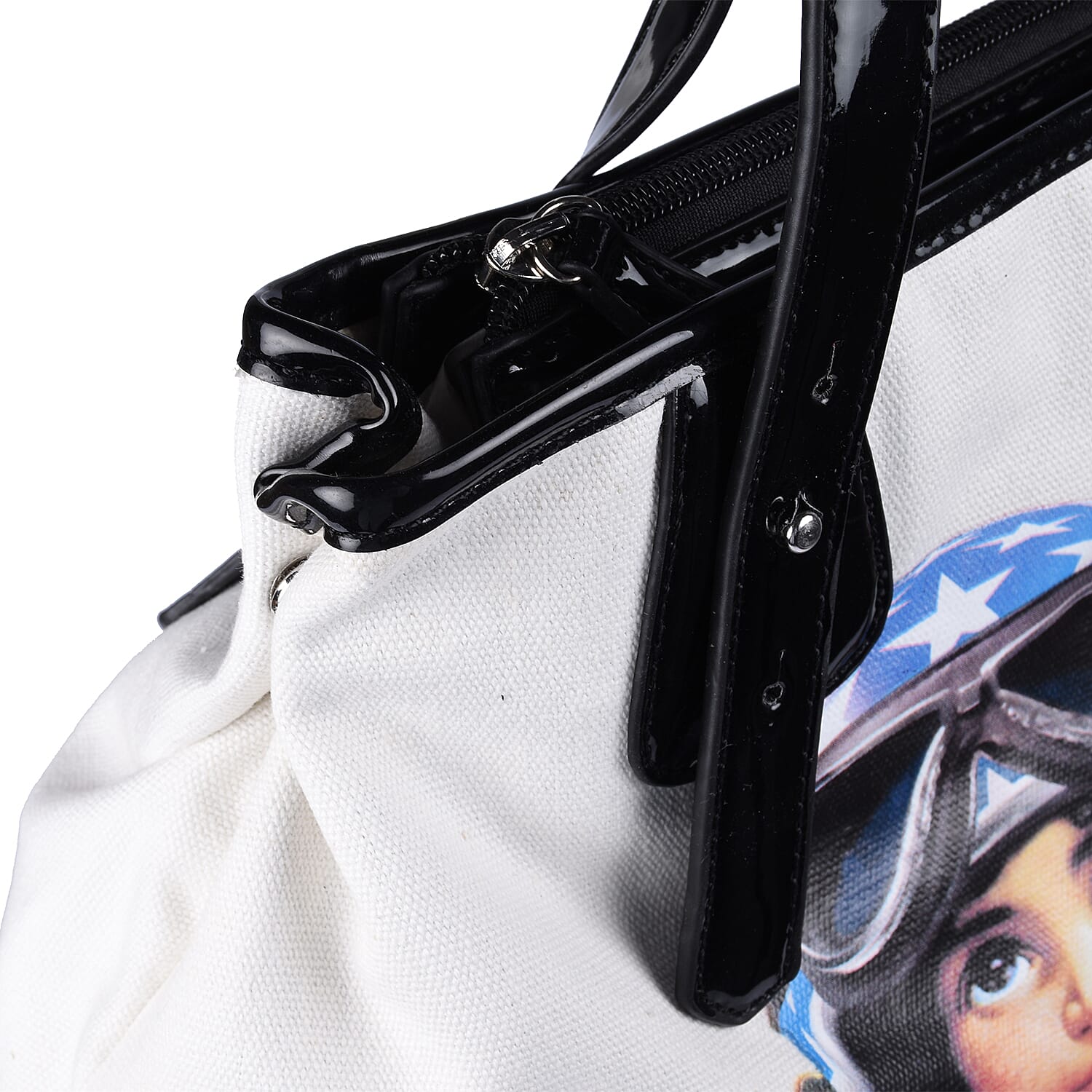 FIORUCCI Eco-Friendly Angle Printed Canvas Tote Bag with Zipper Closure (Size 33x14x27 Cm) - White and Black