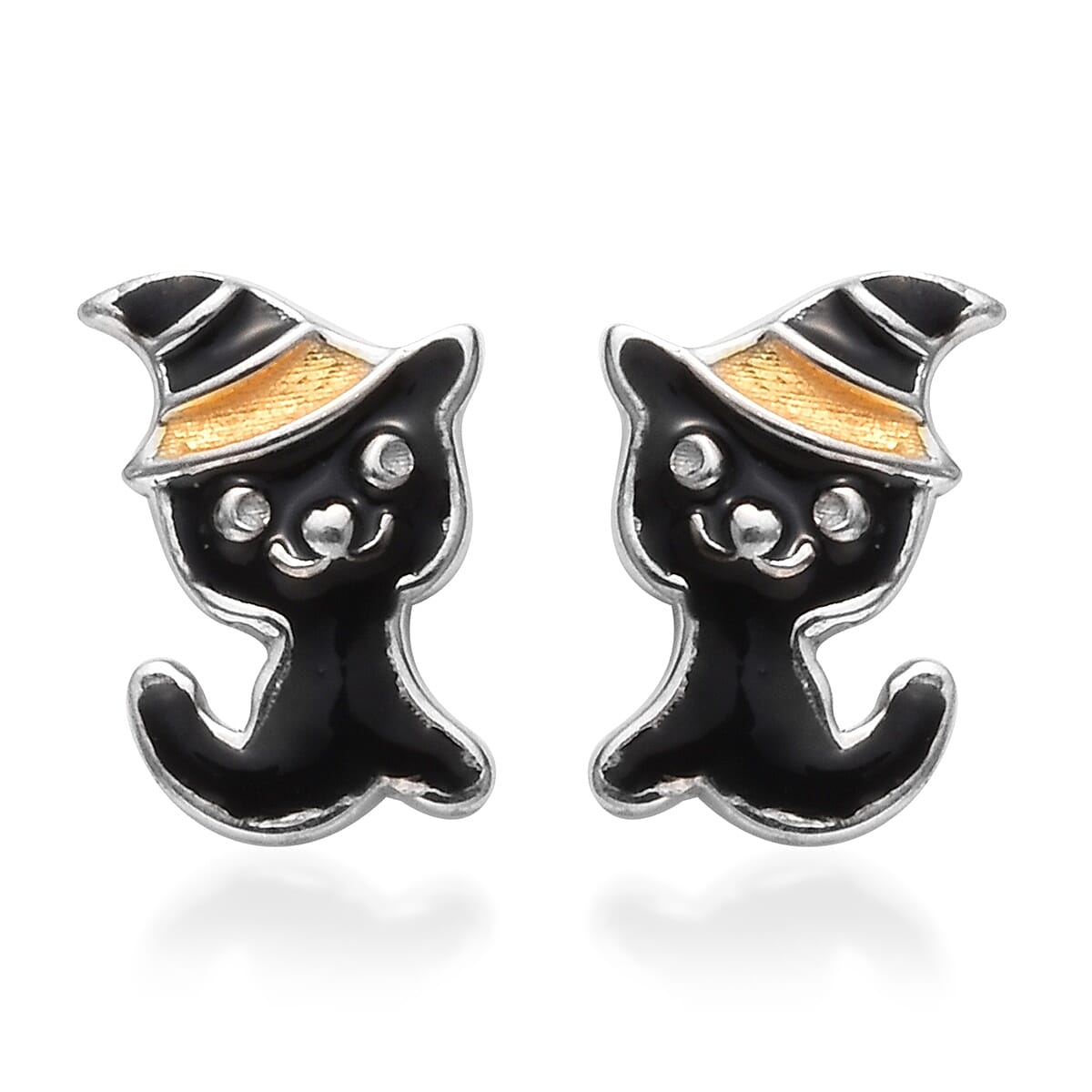 Platinum and Yellow Gold Overlay Sterling Silver Enamelled Kitty Kids Earrings (with Push Back)
