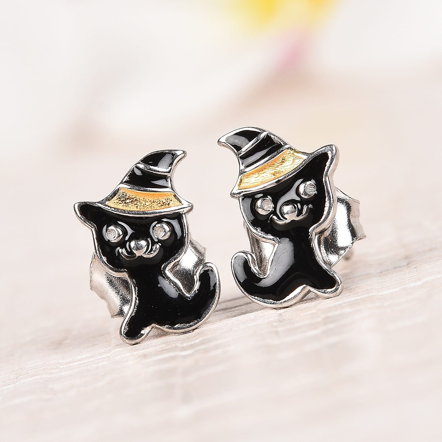 Platinum and Yellow Gold Overlay Sterling Silver Enamelled Kitty Kids Earrings (with Push Back)