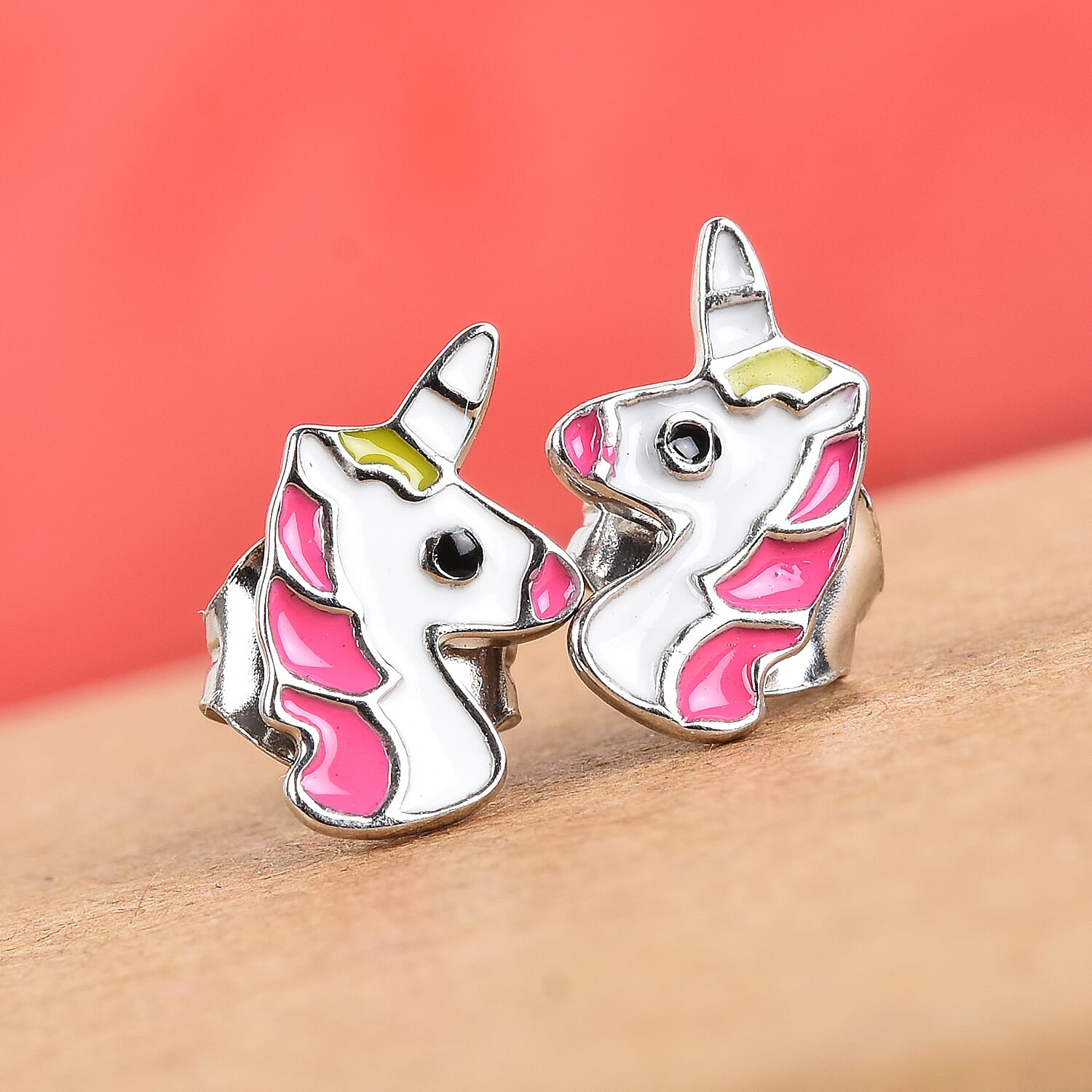 Platinum Overlay Sterling Silver Enamelled Unicorn Stud Earrings (with Push Back)