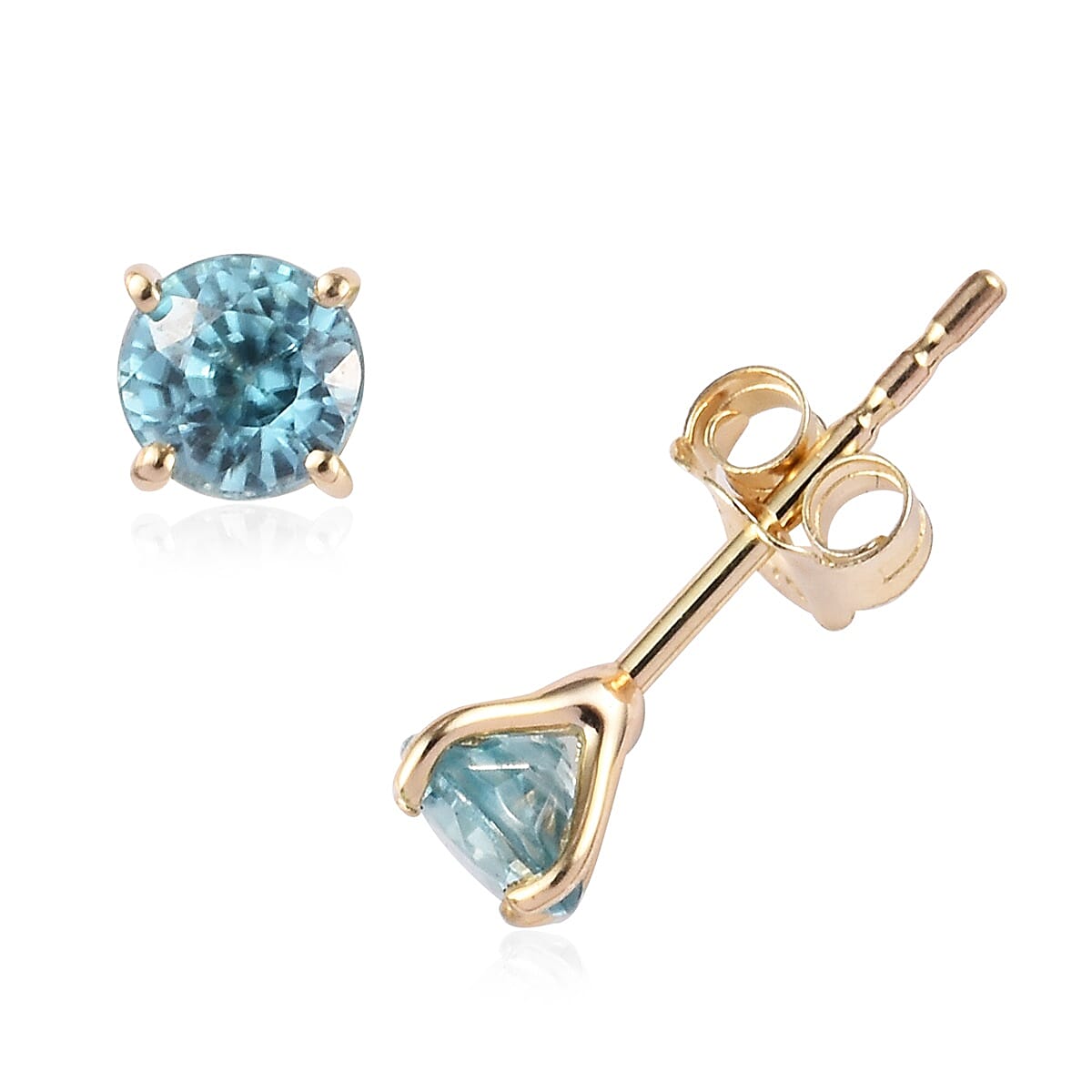 9K Yellow Gold Ratanakiri Blue Zircon Solitaire Stud Earrings (with Push Back) 0.85 Ct.