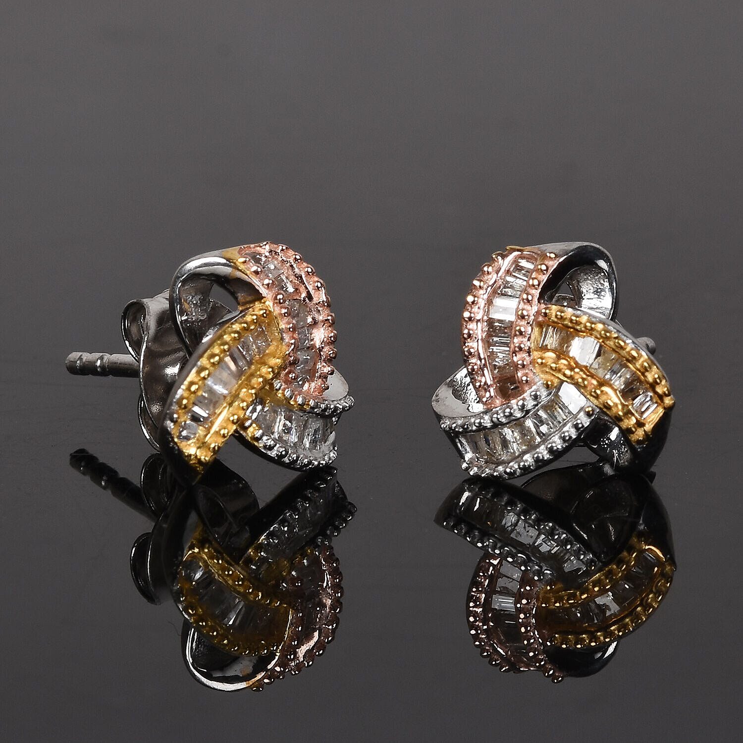 Platinum, Yellow and Rose Gold Overlay Sterling Silver Diamond Love Knot Earrings (with Push Back) 0.25 Ct.