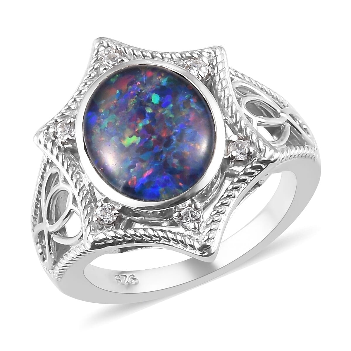 Australian Boulder Opal and Natural Cambodian Zircon Ring in Platinum Overlay Sterling Silver