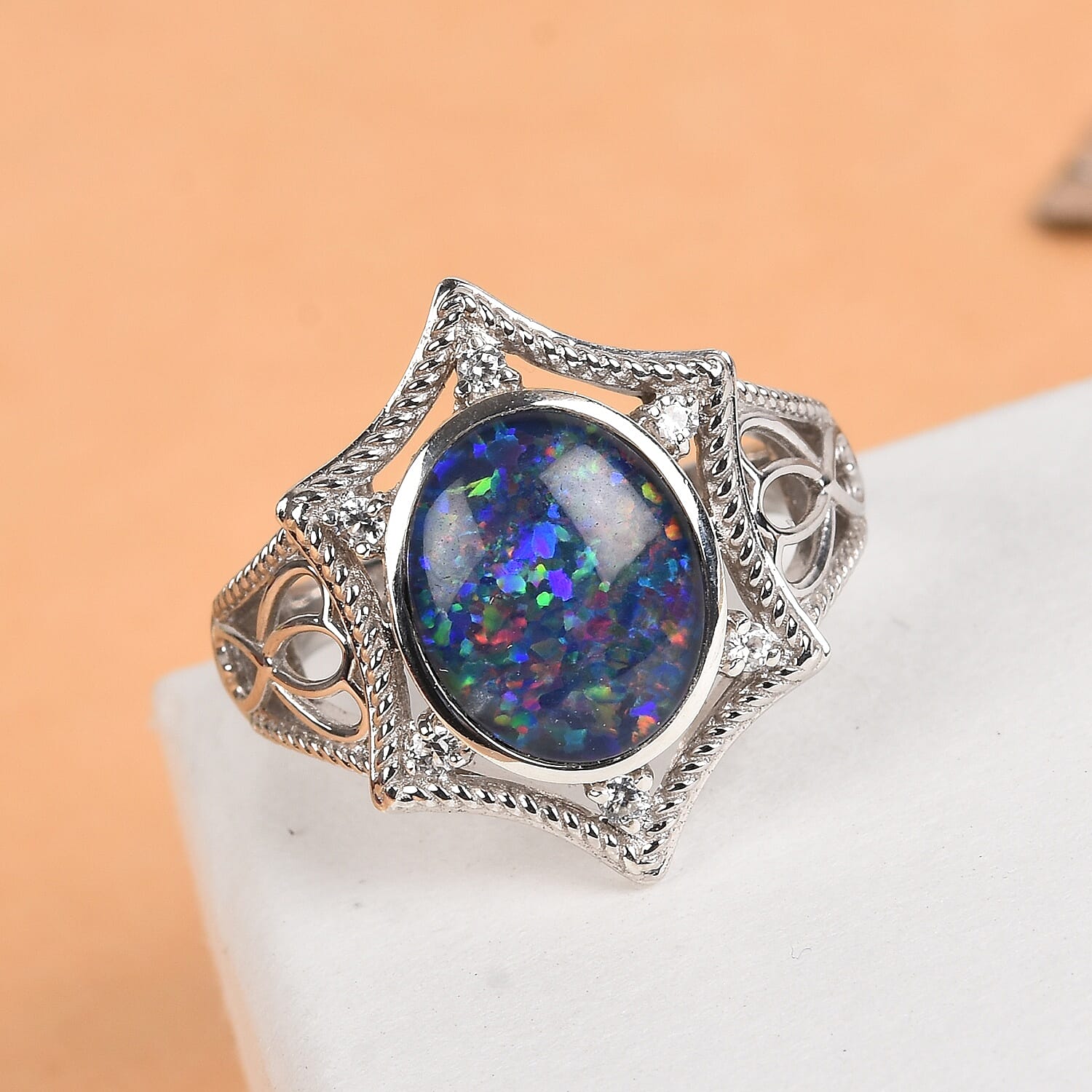 Australian Boulder Opal and Natural Cambodian Zircon Ring in Platinum Overlay Sterling Silver