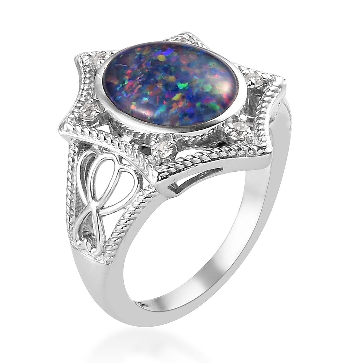 Australian Boulder Opal and Natural Cambodian Zircon Ring in Platinum Overlay Sterling Silver