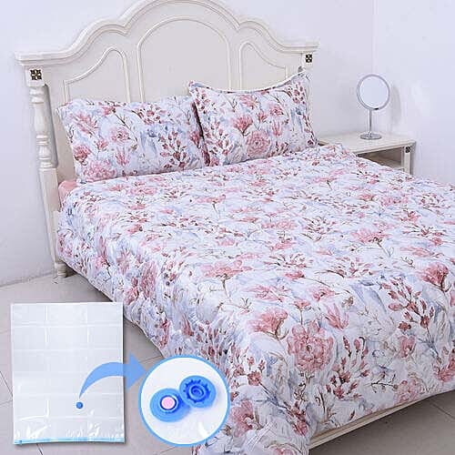 4 Piece Set White and Pink Floral Print Comforter, Fitted Sheet and 2 Pillow Covers