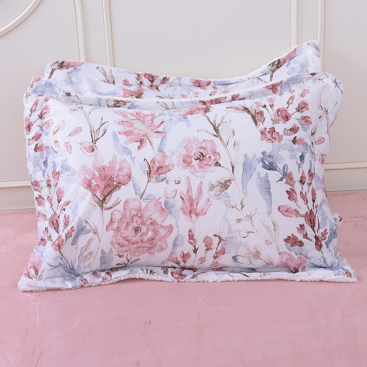 4 Piece Set White and Pink Floral Print Comforter, Fitted Sheet and 2 Pillow Covers